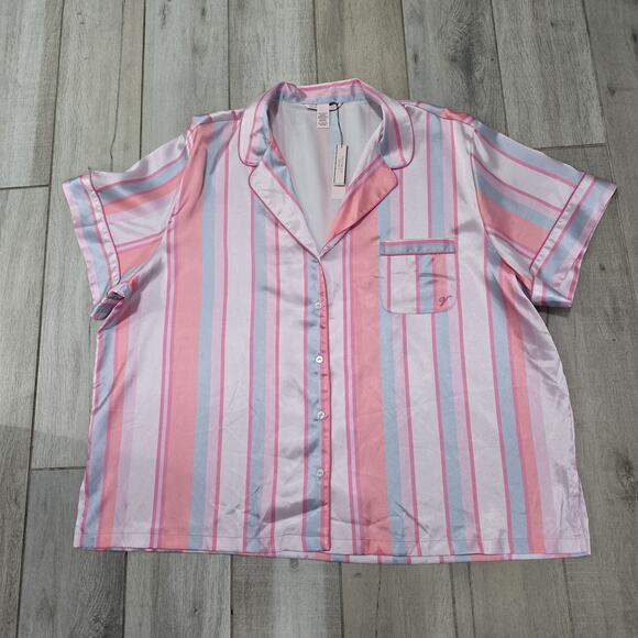 Victorias Secret Satin Pajama Set Pink Striped Button top Shorts Sleepwear XXL - Picture 10 of 13
